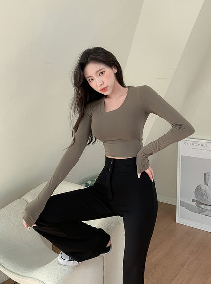 U領短款長袖T卹L1002