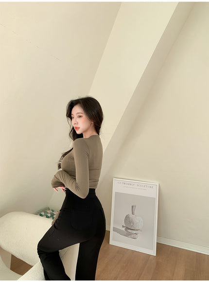 U領短款長袖T卹L1002