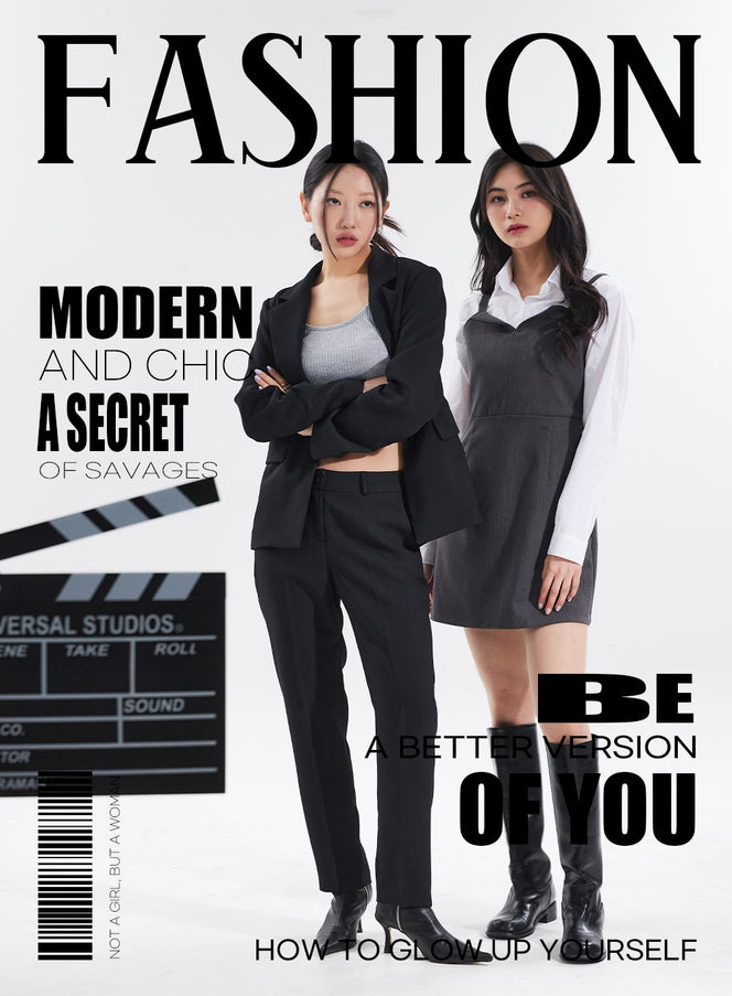 LEWKIN Basic Tailored Pants BM304 in black, magazine cover editorial front shot on two models, straight-fit polyester pintuck trousers styled with oversized blazer and heeled ankle boots.