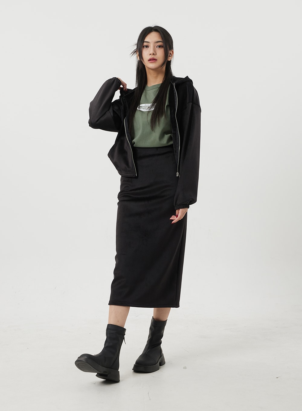 Zip-Up Hoodie And Maxi Track Skirt Set BJ318
