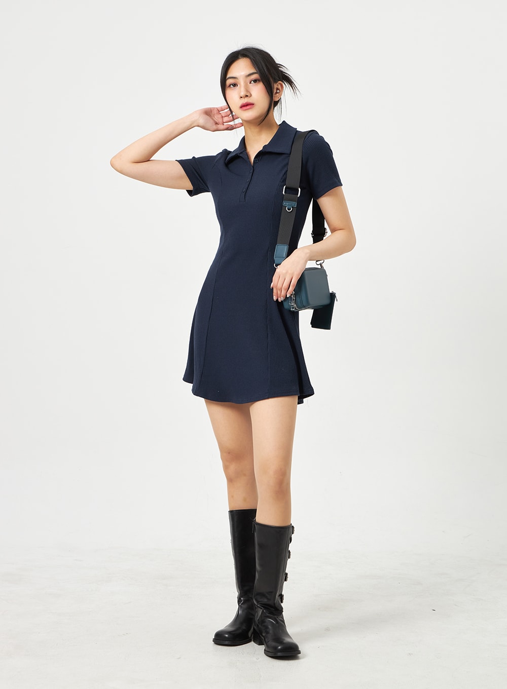 鈕扣領迷你連衣裙 BA313