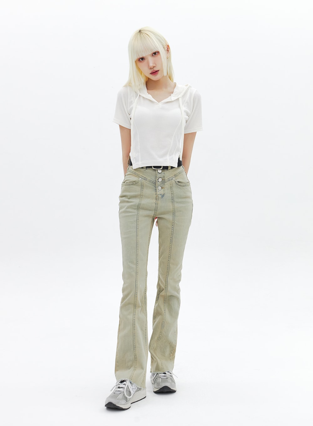 LEWKIN Beige Wash Bootcut Jeans BA320 in beige, full-length front view on model, slim-fit washed denim with V-yoke waistband and triple button fly, paired with white crop hoodie tee and sneakers.