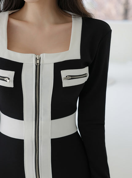 方領拉鍊迷你連衣裙 IA01