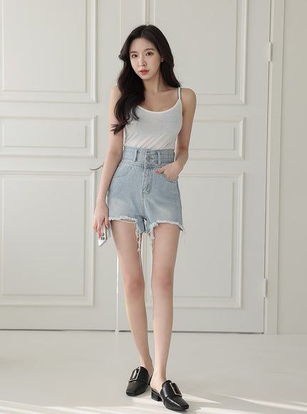 High-waisted Distressed Denim Shorts IA11