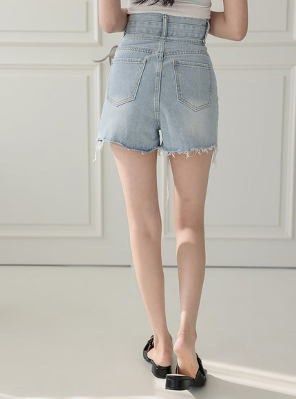 High-waisted Distressed Denim Shorts IA11