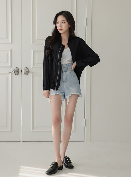 High-waisted Distressed Denim Shorts IA11