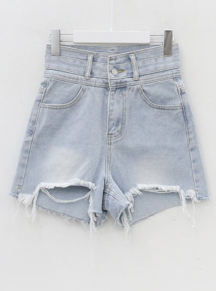 High-waisted Distressed Denim Shorts IA11