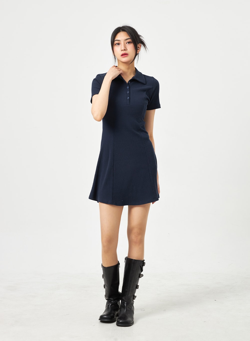 鈕扣領迷你連衣裙 BA313