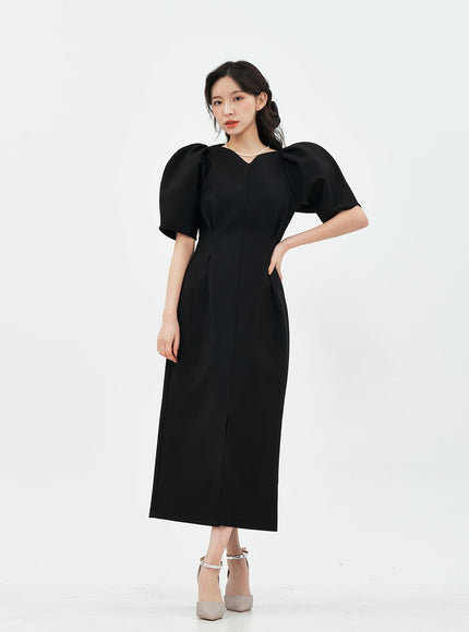 Puff Shoulder Wedding Party Midi Dress IA13 - Korean Women's Fashion | LEWKIN Puff Shoulder Wedding Party Midi Dress IA13 - Korean Women's Fashion | LEWKIN