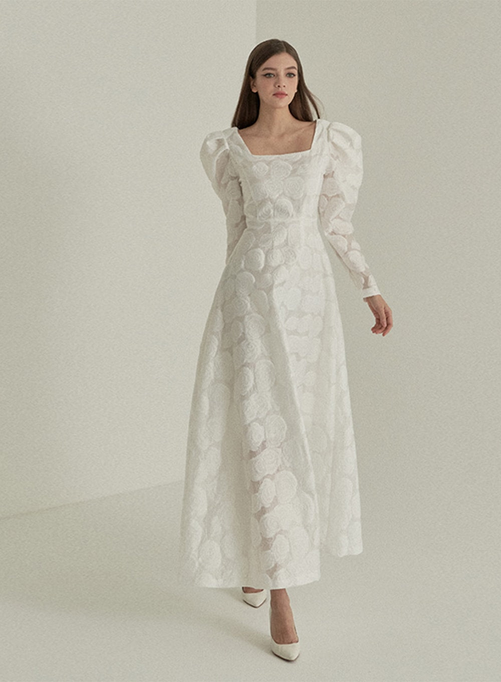 Strapless A-line wedding dress with long puffy sleeves