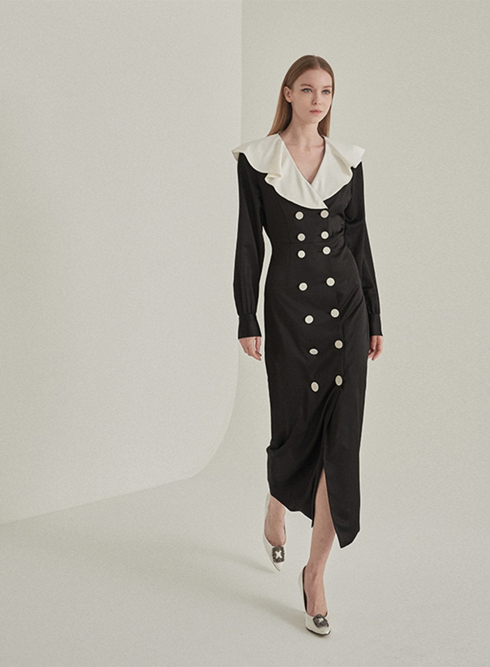 Ruffle Sleeve Two-toned Button Down Maxi Dress IA13