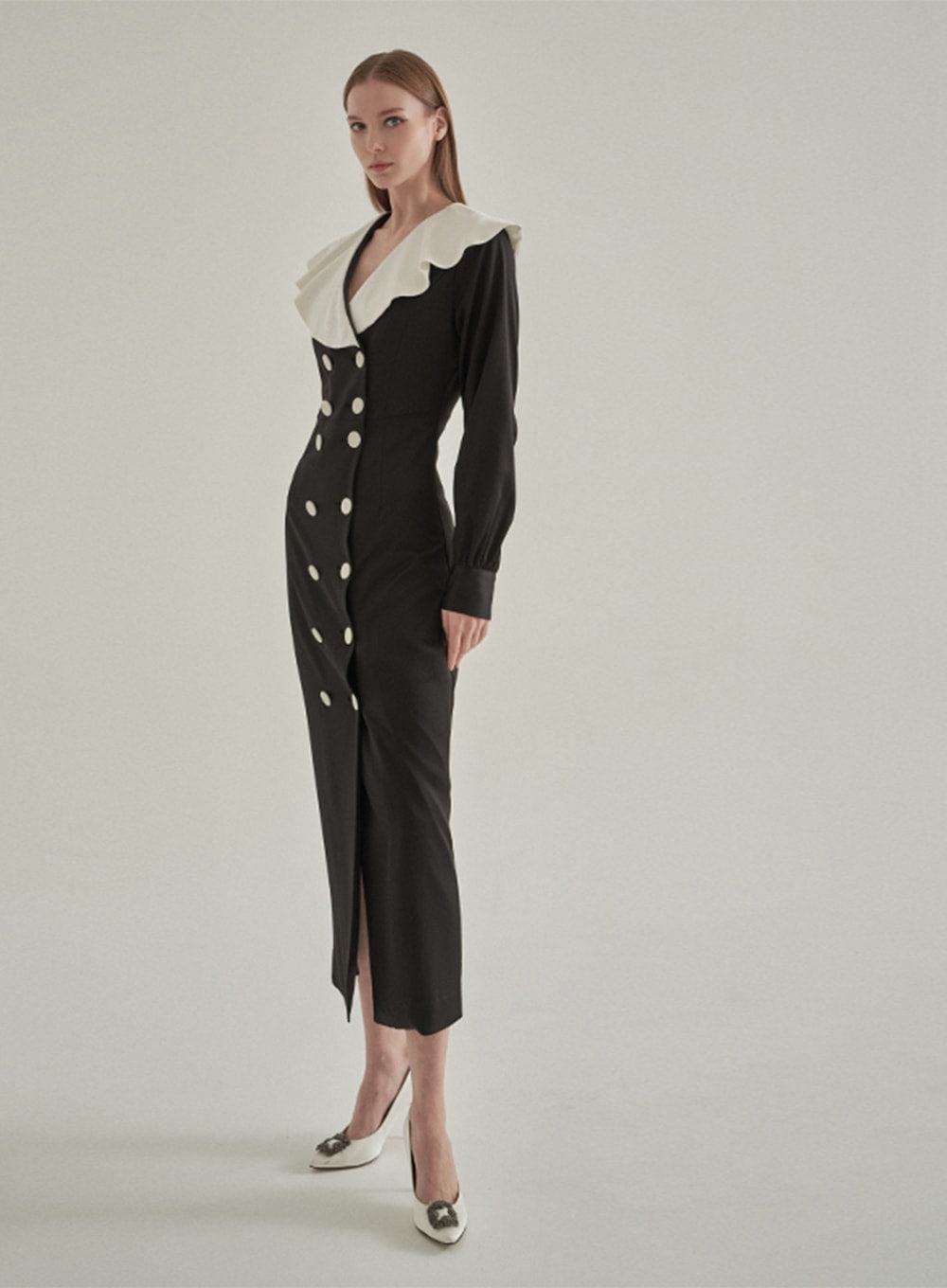 Ruffle Sleeve Two-toned Button Down Maxi Dress IA13