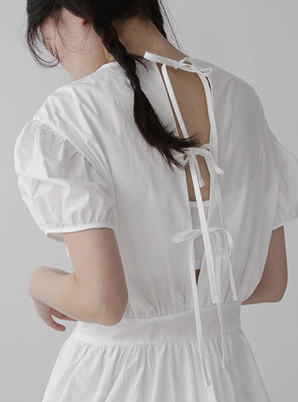 Puff Sleeve Dress with Ribbon Back