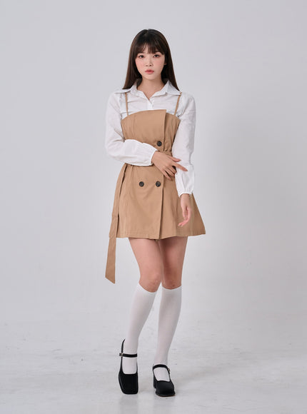 腰帶鈕扣褶襉迷你連衣裙和襯衫套裝 BO24