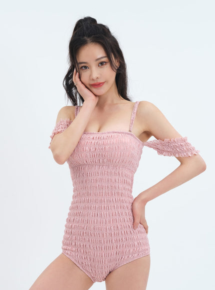 露肩抽褶細節連體泳衣