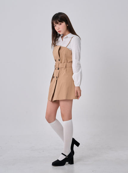 腰帶鈕扣褶襉迷你連衣裙和襯衫套裝 BO24