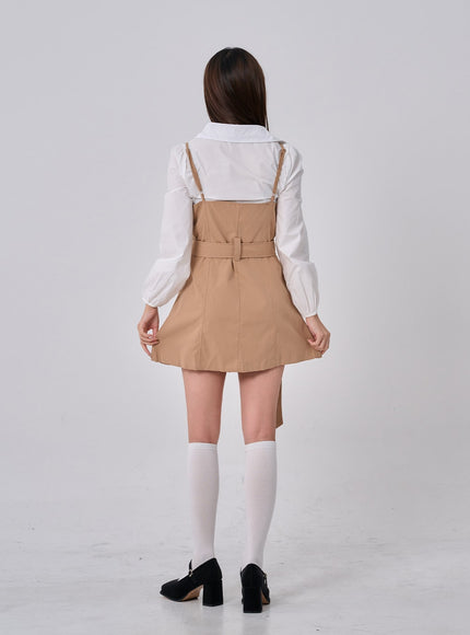 腰帶鈕扣褶襉迷你連衣裙和襯衫套裝 BO24