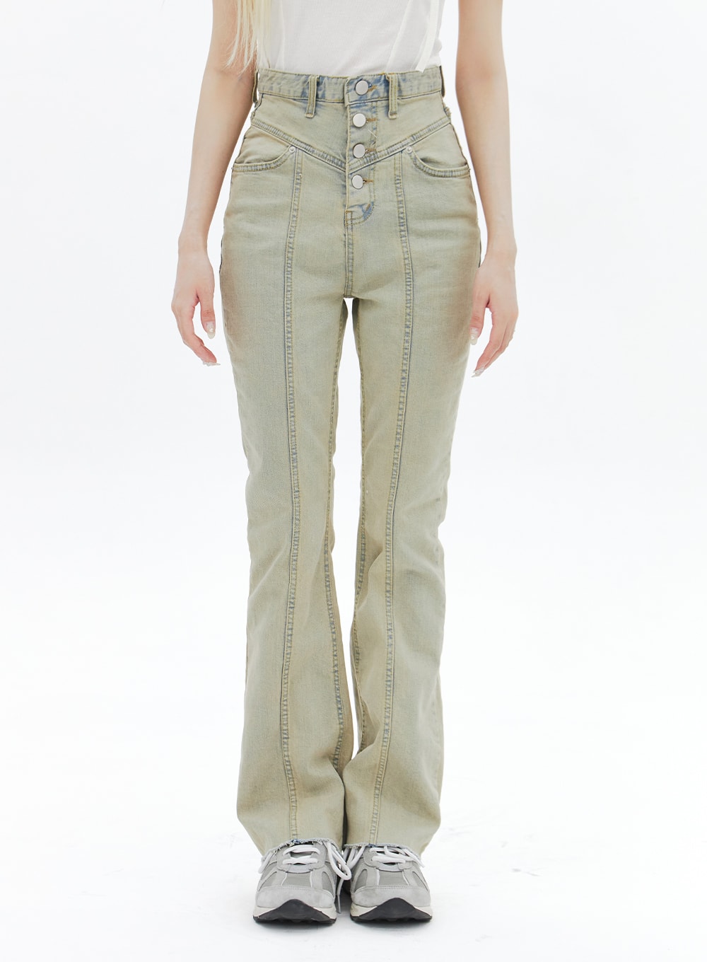 Beige Wash Bootcut Jeans BA320 in beige, front cropped view on model showing waist to hem, high-rise V-yoke seam detail, triple button fly, and center front seam on slim bootcut leg.