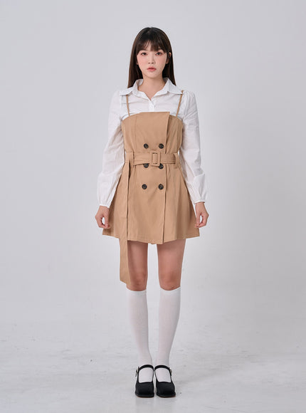 腰帶鈕扣褶襉迷你連衣裙和襯衫套裝 BO24