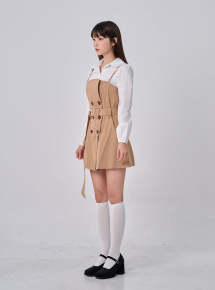 腰帶鈕扣褶襉迷你連衣裙和襯衫套裝 BO24