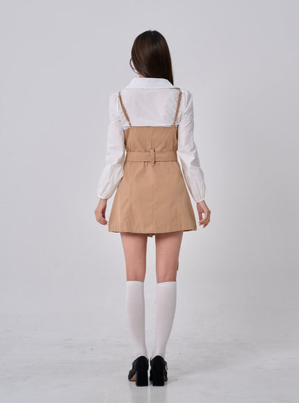 腰帶鈕扣褶襉迷你連衣裙和襯衫套裝 BO24