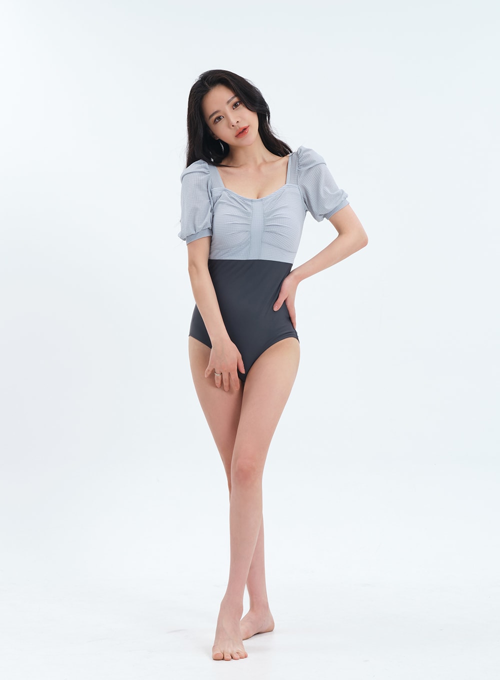 Puff Sleeves and Skirt Layered Once Piece Swimsuit