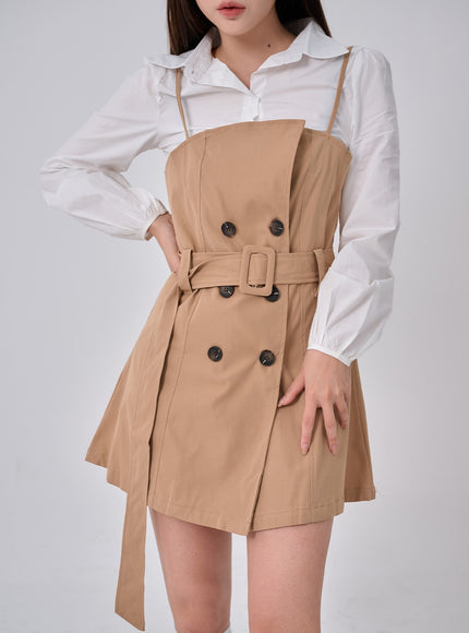 腰帶鈕扣褶襉迷你連衣裙和襯衫套裝 BO24