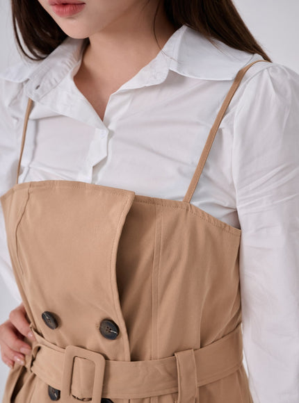 腰帶鈕扣褶襉迷你連衣裙和襯衫套裝 BO24