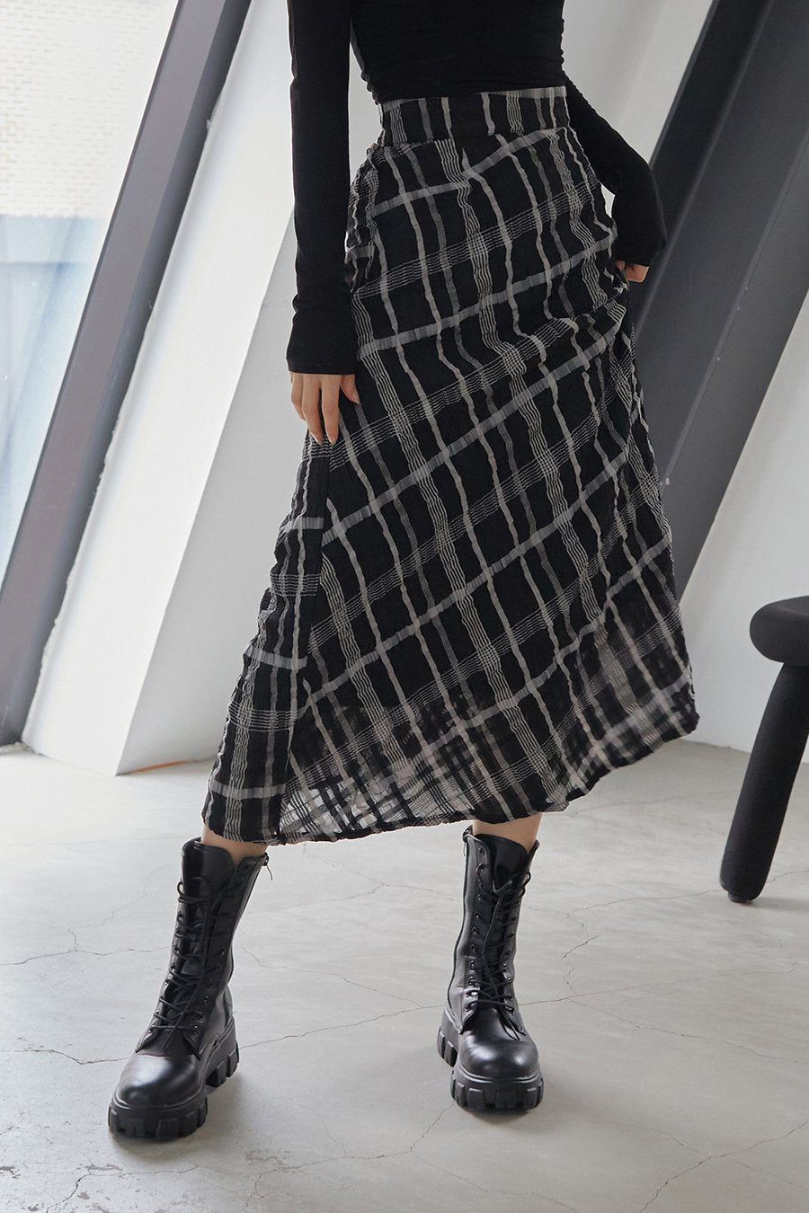 Checked Pattern Maxi Flare Skirt