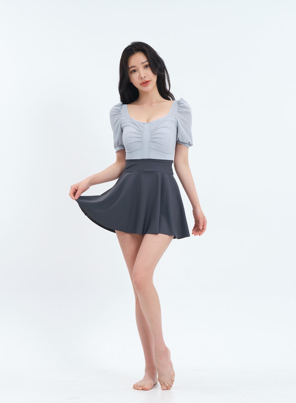 Puff Sleeves and Skirt Layered Once Piece Swimsuit