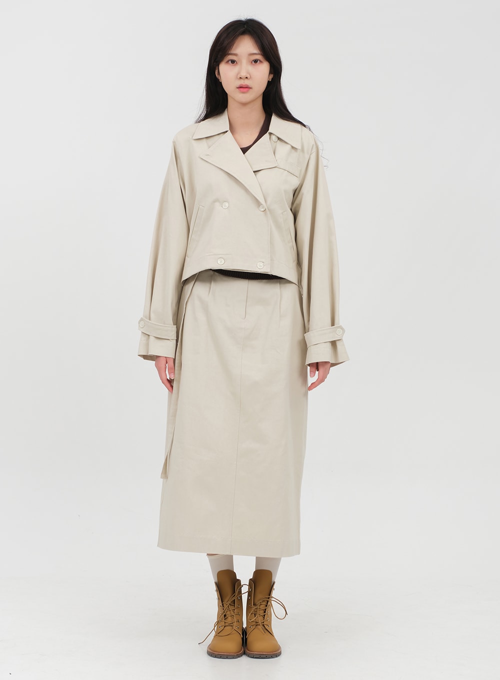 Double Button Cropped Trench Coat OA06