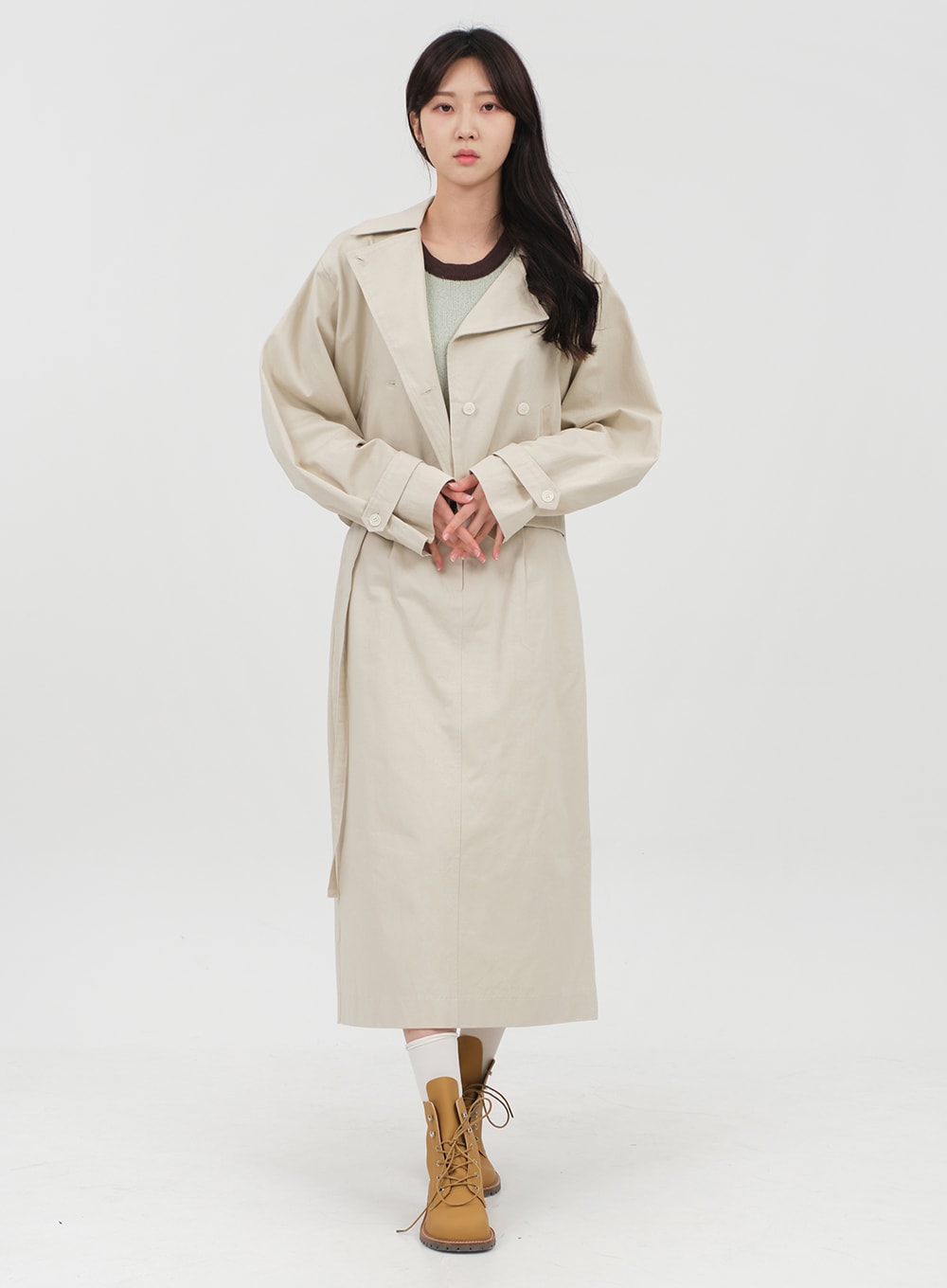 Double Button Cropped Trench Coat OA06