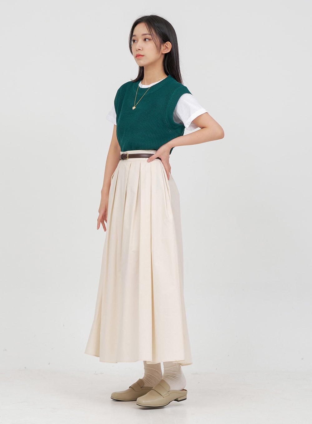 Pintuck Flared Cotton Maxi Skirt OA15 - Lewkin