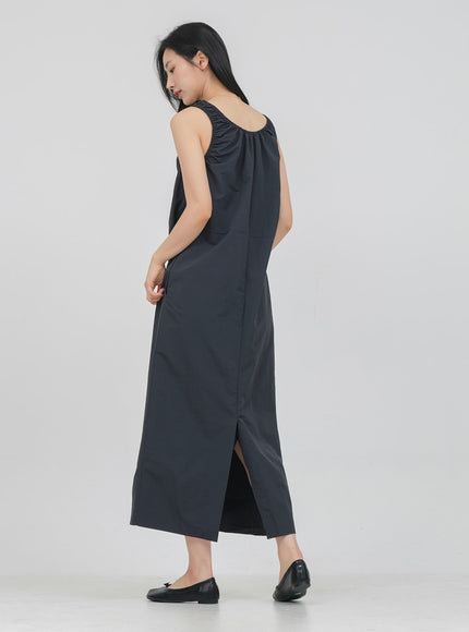 Round Neck Shirring Nylon Maxi Dress OA14