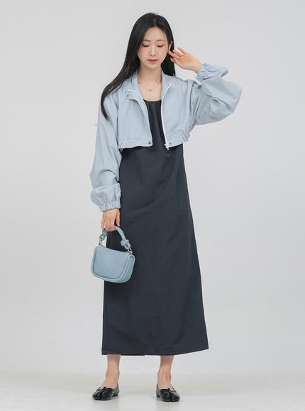 Round Neck Shirring Nylon Maxi Dress OA14