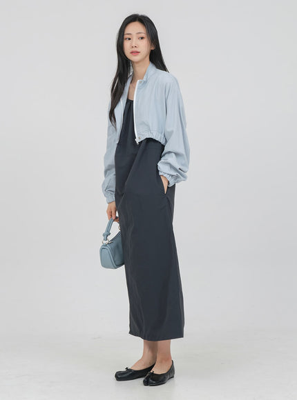 Round Neck Shirring Nylon Maxi Dress OA14