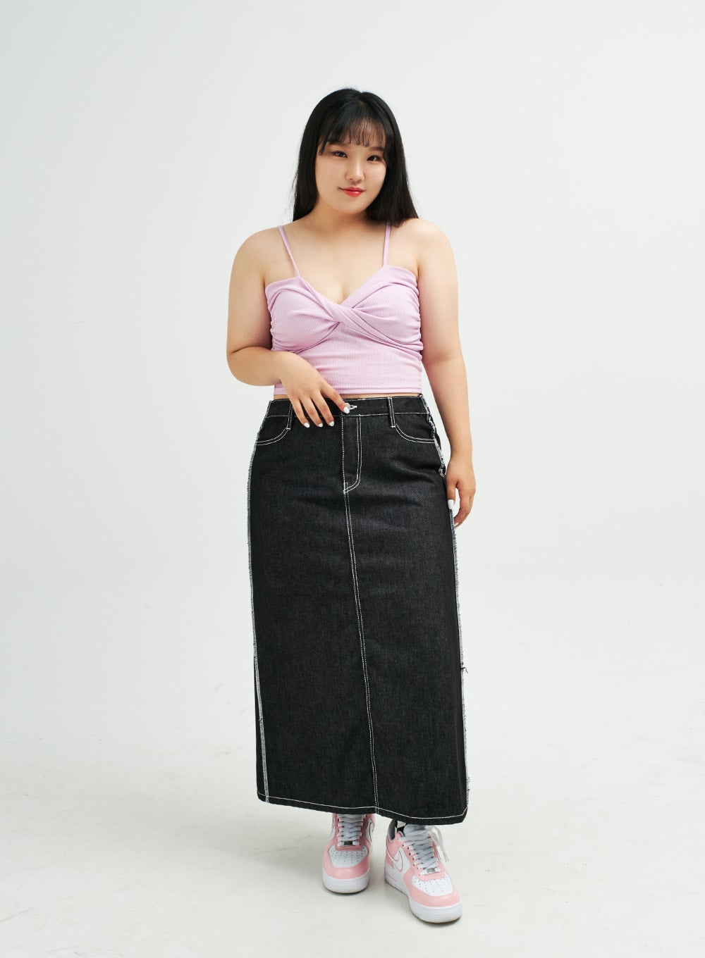 Plus Reverse Stitch Bleached Denim Maxi Skirt IY24