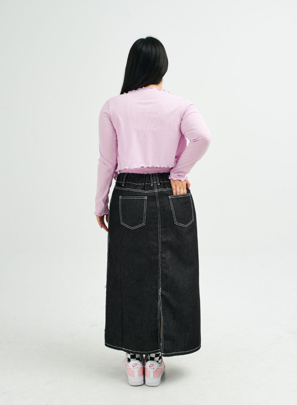 Plus Reverse Stitch Bleached Denim Maxi Skirt IY24