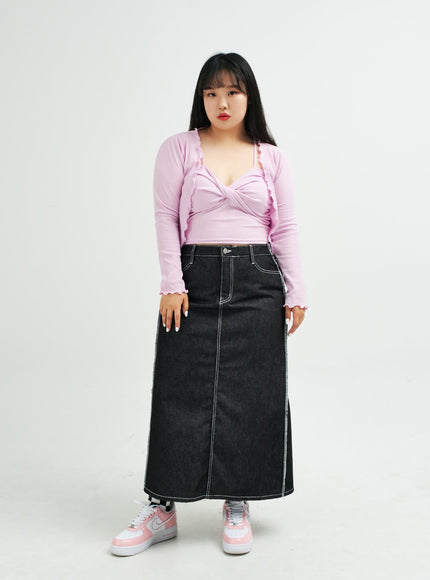 Plus Reverse Stitch Bleached Denim Maxi Skirt IY24