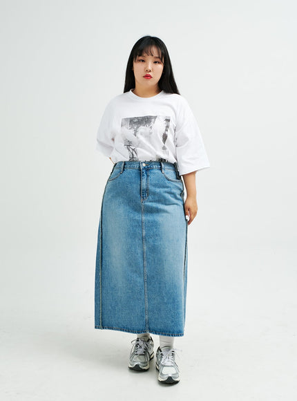 Plus Reverse Stitch Bleached Denim Maxi Skirt IY24