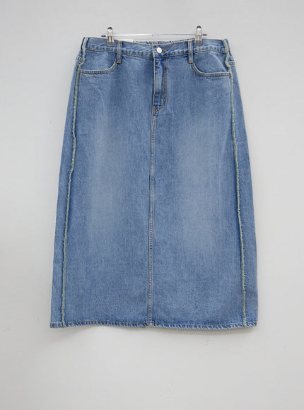 Plus Reverse Stitch Bleached Denim Maxi Skirt IY24