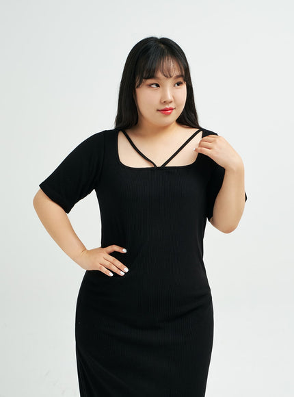 Plus 方領 V 肩帶超長連衣裙 IY24