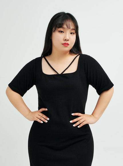 Plus 方領 V 肩帶超長連衣裙 IY24