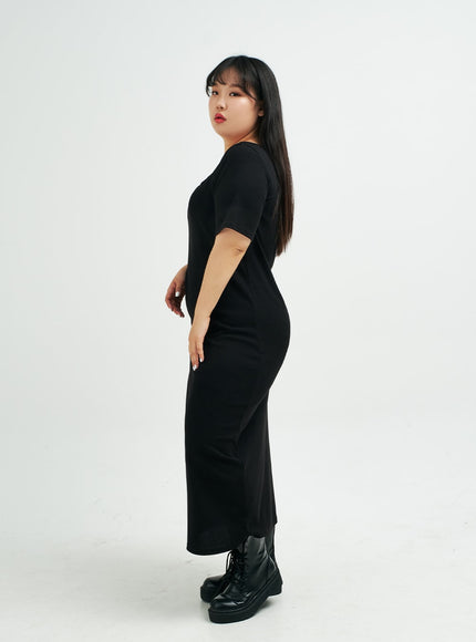 Plus 方領 V 肩帶超長連衣裙 IY24