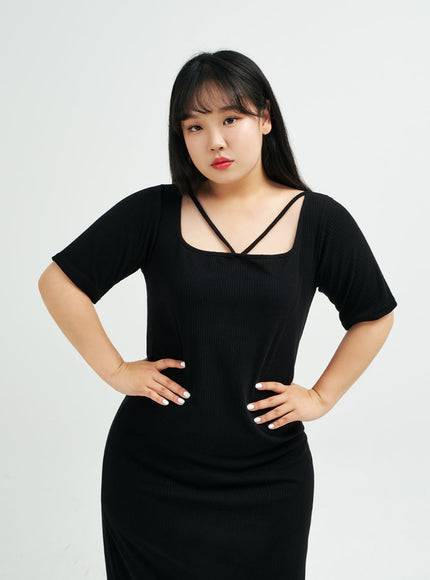 Plus 方領 V 肩帶超長連衣裙 IY24