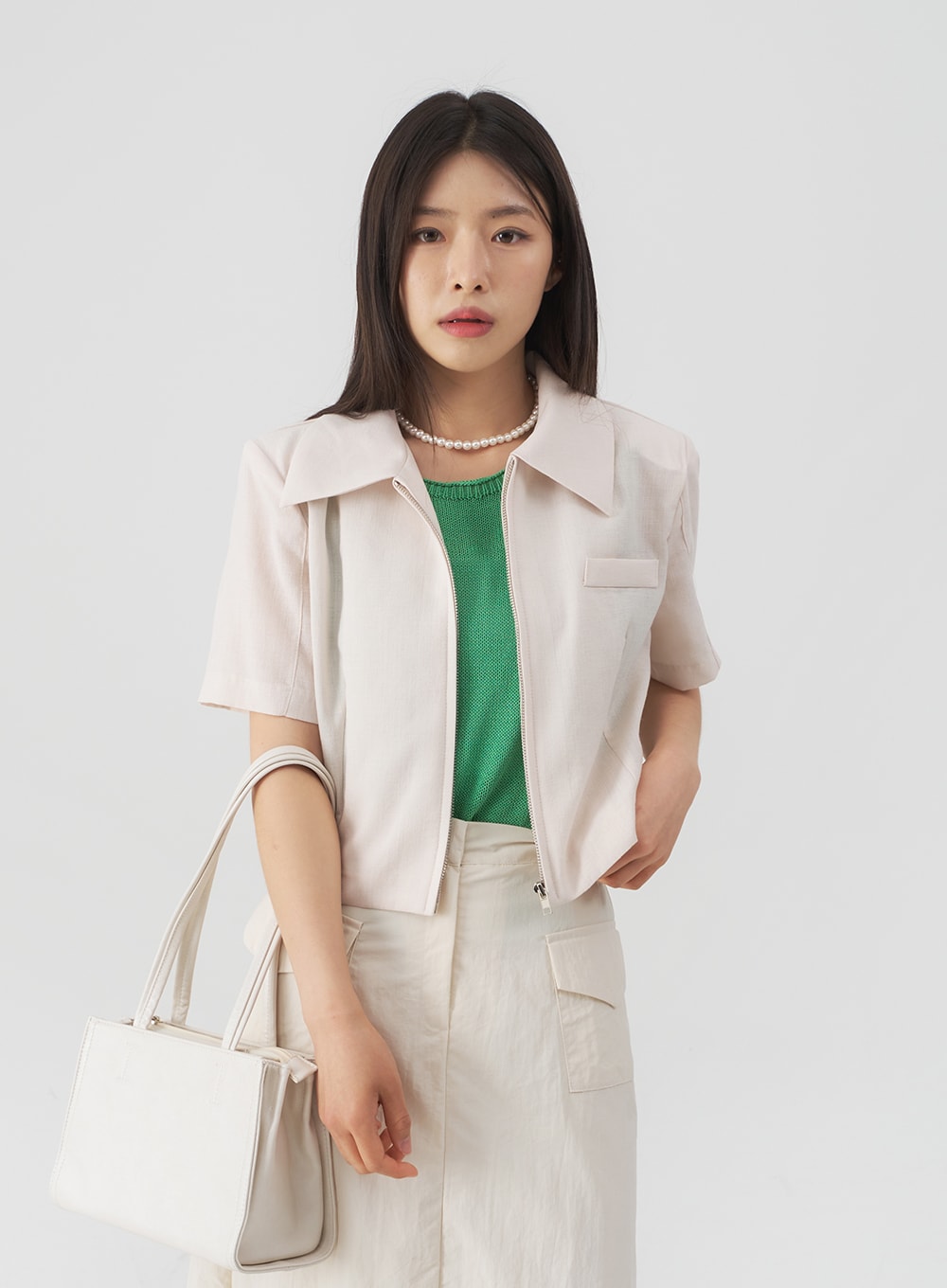 Linen Collared Cropped Zip-up Jacket OY24