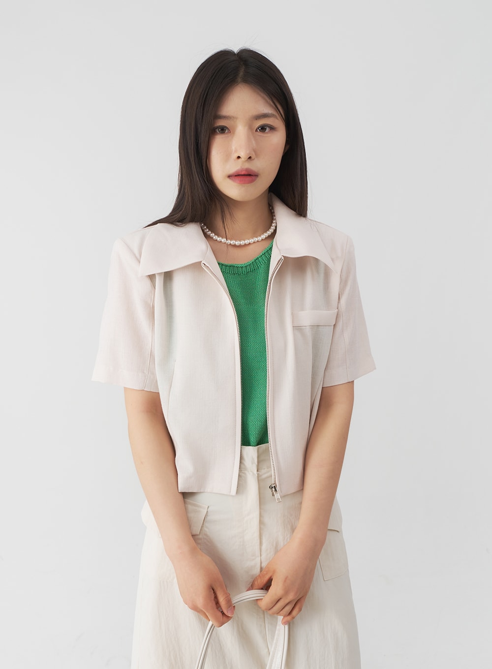 Linen Collared Cropped Zip-up Jacket OY24