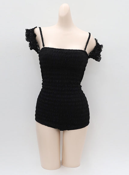 露肩抽褶細節連體泳衣