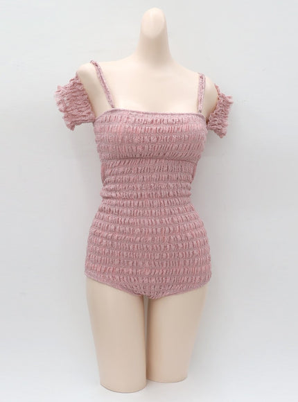 露肩抽褶細節連體泳衣