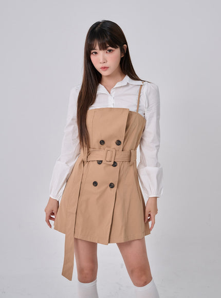 腰帶鈕扣褶襉迷你連衣裙和襯衫套裝 BO24